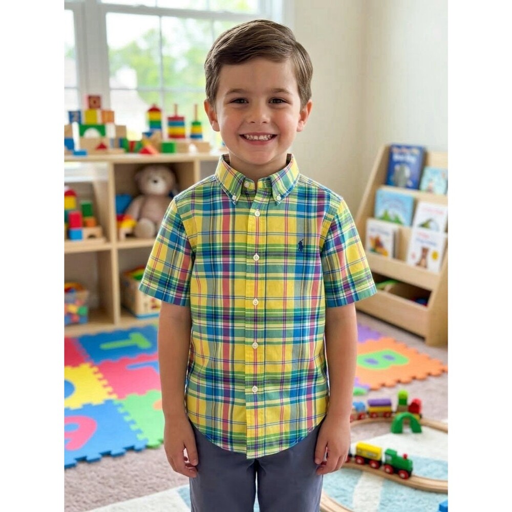 Ralph Lauren Boys Yellow Plaid Short Sleeve Shirt Size 4